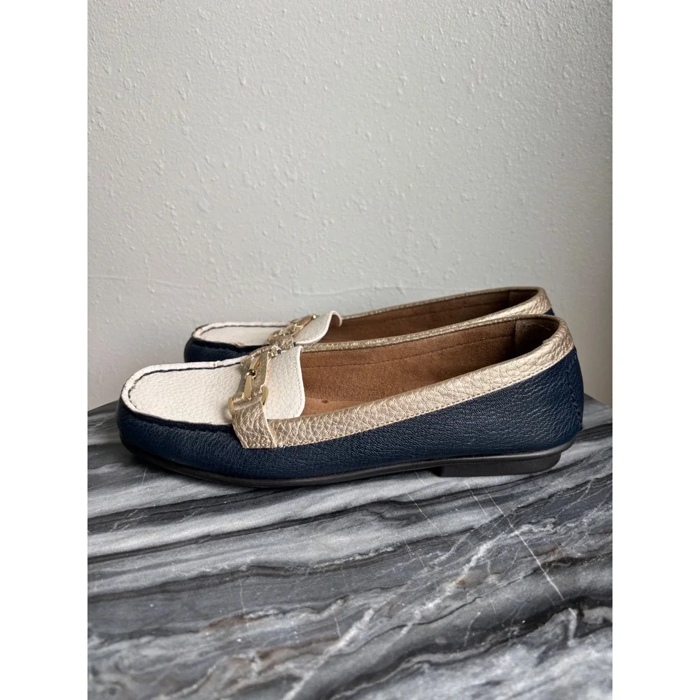 Aerosoles Manuscript Navy‎ Cream Gold Horsebit Loafers Shoes Womens 7.5 M